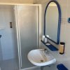 Bagno con doccia e specchio ovale.