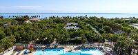Piscina circondata da palme e vegetazione, vista sul mare in lontananza.