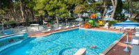 Una piscina all'aperto con ombrelloni e sdraio, circondata da alberi.