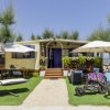 Casa su prato con amache, sedie e biciclette; ombrelloni e piante.